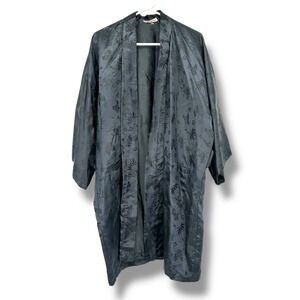 100% Silk Kimono Style Robe XL Gray Floral Jacquard Lounge Robe Asian No Belt